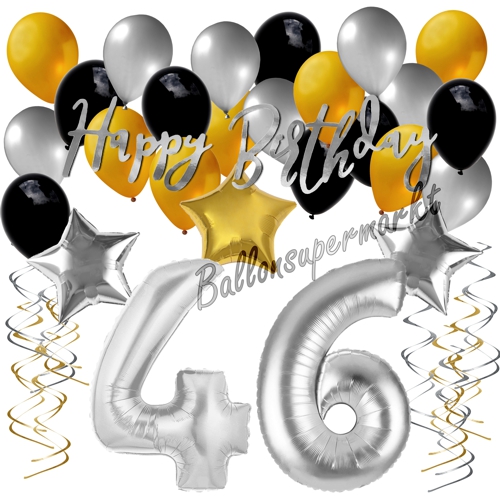 Ballons-und-Dekorations-Set-zum-46.-Geburtstag-Happy-Birthday-Silber-Gold-Schwarz