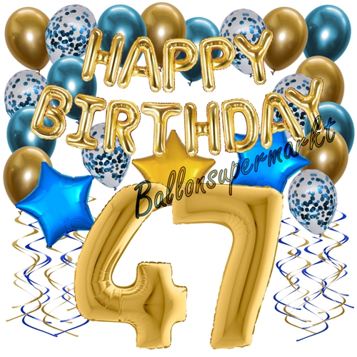 Ballons-und-Dekorations-Set-zum-47.-Geburtstag-Happy-Birthday-Chrome-Blue-and-Gold