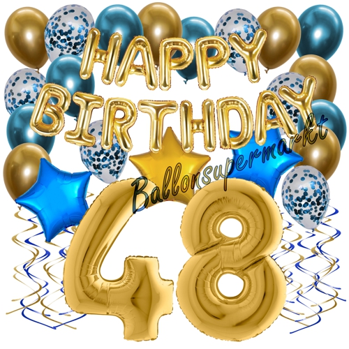 Ballons-und-Dekorations-Set-zum-48.-Geburtstag-Happy-Birthday-Chrome-Blue-and-Gold