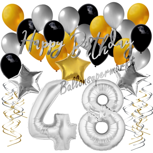 Ballons-und-Dekorations-Set-zum-48.-Geburtstag-Happy-Birthday-Silber-Gold-Schwarz