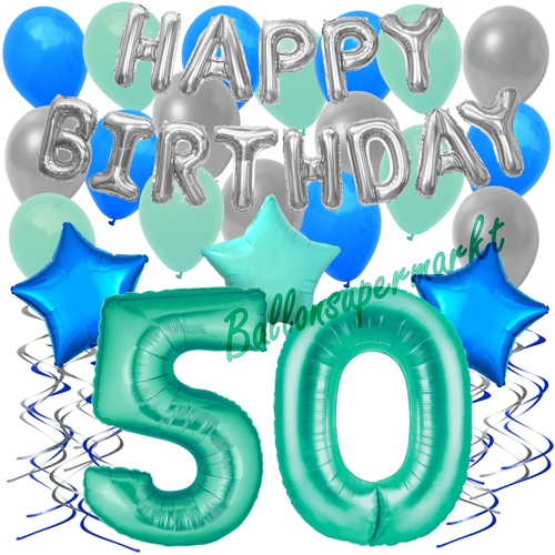 Ballons-und-Dekorations-Set-zum-50.-Geburtstag-Happy-Birthday-Aquamarin