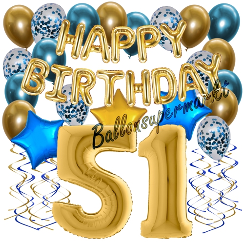 Ballons-und-Dekorations-Set-zum-51.-Geburtstag-Happy-Birthday-Chrome-Blue-and-Gold