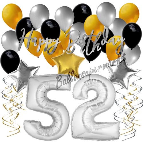 Ballons-und-Dekorations-Set-zum-52.-Geburtstag-Happy-Birthday-Silber-Gold-Schwarz