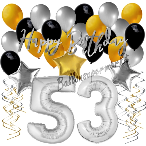Ballons-und-Dekorations-Set-zum-53.-Geburtstag-Happy-Birthday-Silber-Gold-Schwarz