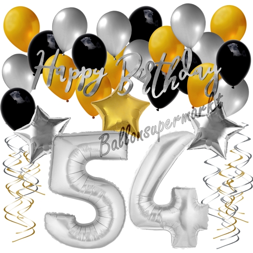 Ballons-und-Dekorations-Set-zum-54.-Geburtstag-Happy-Birthday-Silber-Gold-Schwarz