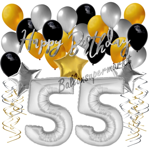 Ballons-und-Dekorations-Set-zum-55.-Geburtstag-Happy-Birthday-Silber-Gold-Schwarz