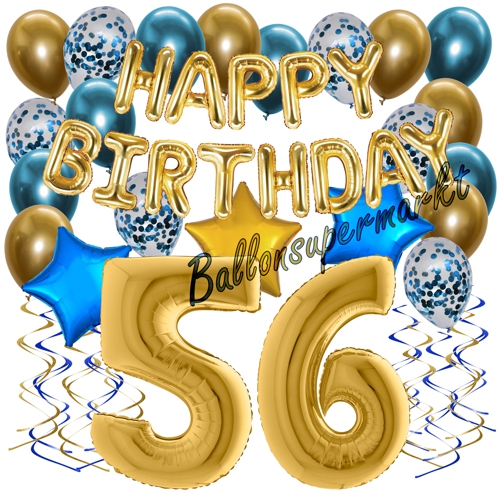 Ballons-und-Dekorations-Set-zum-56.-Geburtstag-Happy-Birthday-Chrome-Blue-and-Gold