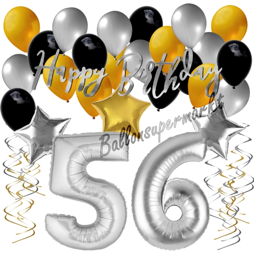 Ballons-und-Dekorations-Set-zum-56.-Geburtstag-Happy-Birthday-Silber-Gold-Schwarz