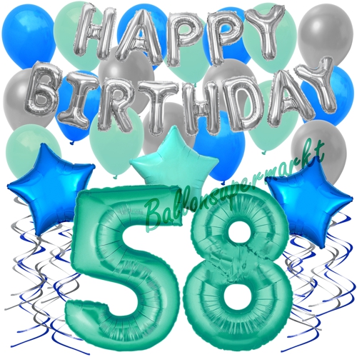 Ballons-und-Dekorations-Set-zum-58.-Geburtstag-Happy-Birthday-Aquamarin