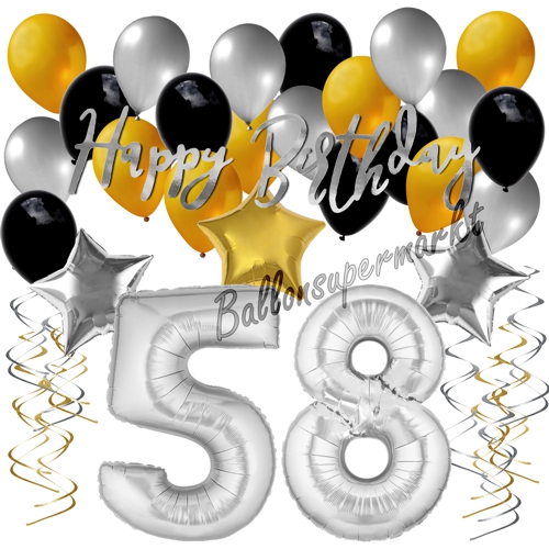 Ballons-und-Dekorations-Set-zum-58.-Geburtstag-Happy-Birthday-Silber-Gold-Schwarz
