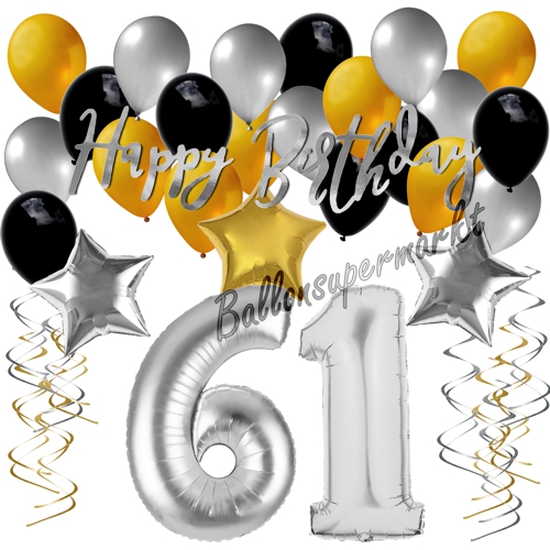 Ballons-und-Dekorations-Set-zum-61.-Geburtstag-Happy-Birthday-Silber-Gold-Schwarz