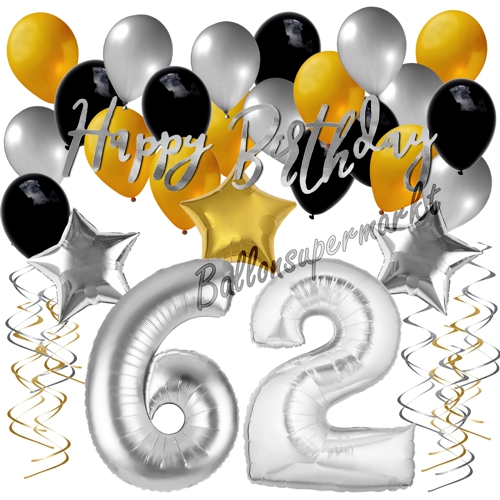 Ballons-und-Dekorations-Set-zum-62.-Geburtstag-Happy-Birthday-Silber-Gold-Schwarz