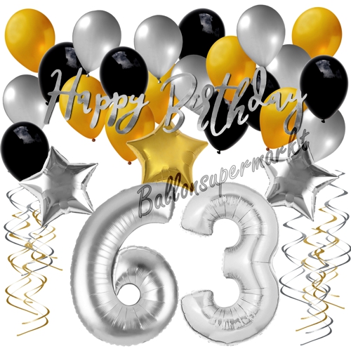 Ballons-und-Dekorations-Set-zum-63.-Geburtstag-Happy-Birthday-Silber-Gold-Schwarz