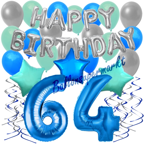 Ballons-und-Dekorations-Set-zum-64.-Geburtstag-Happy-Birthday-Blau