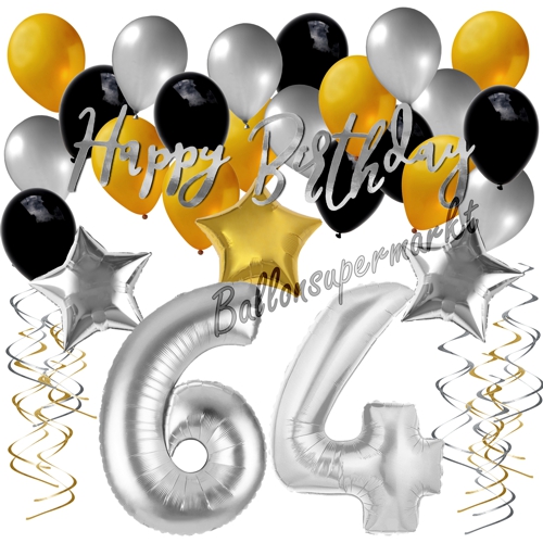 Ballons-und-Dekorations-Set-zum-64.-Geburtstag-Happy-Birthday-Silber-Gold-Schwarz