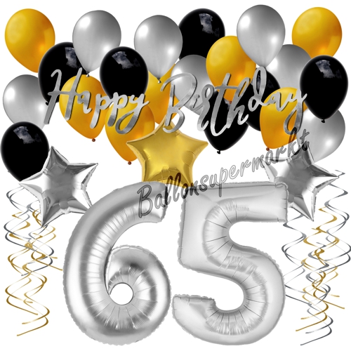 Ballons-und-Dekorations-Set-zum-65.-Geburtstag-Happy-Birthday-Silber-Gold-Schwarz