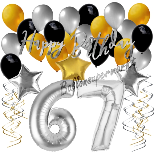 Ballons-und-Dekorations-Set-zum-67.-Geburtstag-Happy-Birthday-Silber-Gold-Schwarz