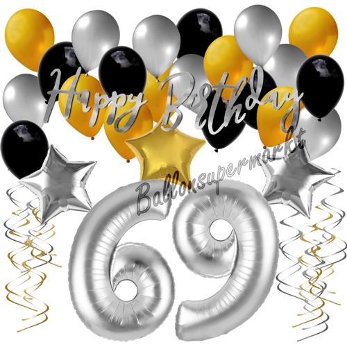 Ballons-und-Dekorations-Set-zum-69.-Geburtstag-Happy-Birthday-Silber-Gold-Schwarz