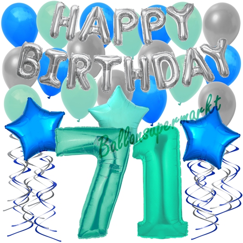 Ballons-und-Dekorations-Set-zum-71.-Geburtstag-Happy-Birthday-Aquamarin