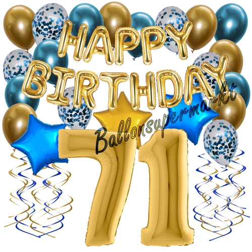 Ballons-und-Dekorations-Set-zum-71.-Geburtstag-Happy-Birthday-Chrome-Blue-and-Gold