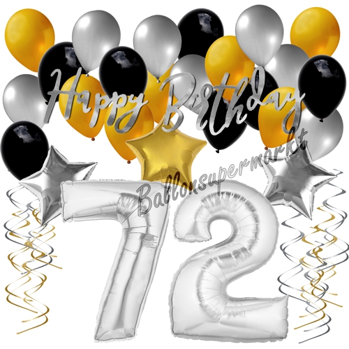 Ballons-und-Dekorations-Set-zum-72.-Geburtstag-Happy-Birthday-Silber-Gold-Schwarz