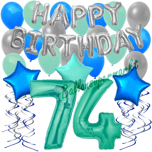 Ballons-und-Dekorations-Set-zum-74.-Geburtstag-Happy-Birthday-Aquamarin