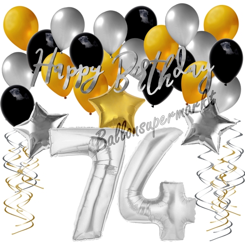 Ballons-und-Dekorations-Set-zum-74.-Geburtstag-Happy-Birthday-Silber-Gold-Schwarz