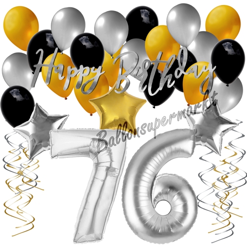 Ballons-und-Dekorations-Set-zum-76.-Geburtstag-Happy-Birthday-Silber-Gold-Schwarz