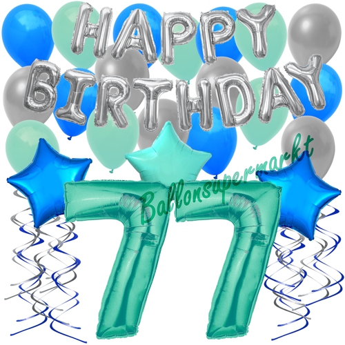 Ballons-und-Dekorations-Set-zum-77.-Geburtstag-Happy-Birthday-Aquamarin