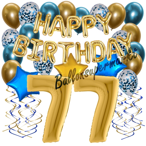 Ballons-und-Dekorations-Set-zum-77.-Geburtstag-Happy-Birthday-Chrome-Blue-and-Gold