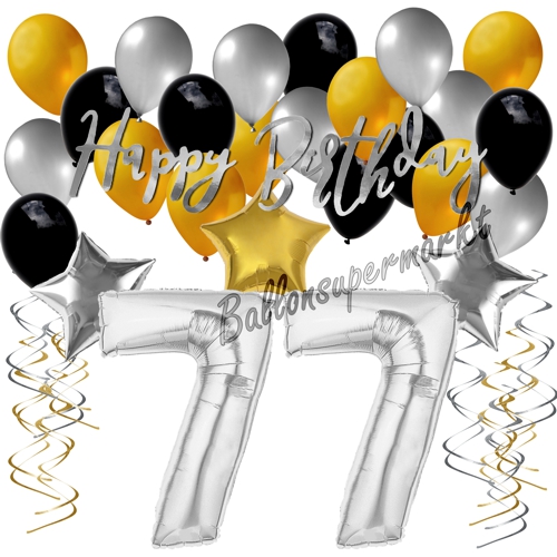Ballons-und-Dekorations-Set-zum-77.-Geburtstag-Happy-Birthday-Silber-Gold-Schwarz
