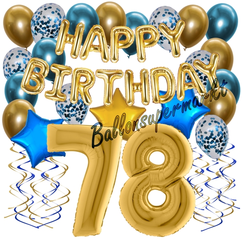 Ballons-und-Dekorations-Set-zum-78.-Geburtstag-Happy-Birthday-Chrome-Blue-and-Gold