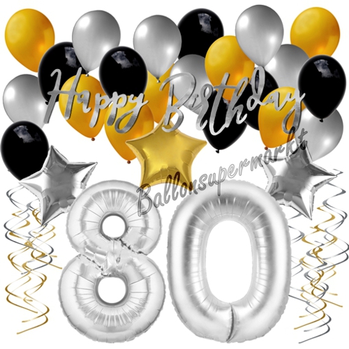 Ballons-und-Dekorations-Set-zum-80.-Geburtstag-Happy-Birthday-Silber-Gold-Schwarz