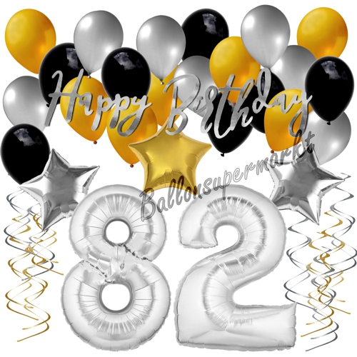Ballons-und-Dekorations-Set-zum-82.-Geburtstag-Happy-Birthday-Silber-Gold-Schwarz