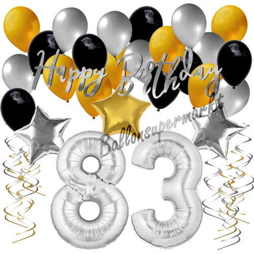 Ballons-und-Dekorations-Set-zum-83.-Geburtstag-Happy-Birthday-Silber-Gold-Schwarz