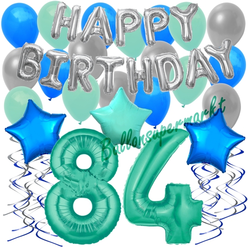 Ballons-und-Dekorations-Set-zum-84.-Geburtstag-Happy-Birthday-Aquamarin