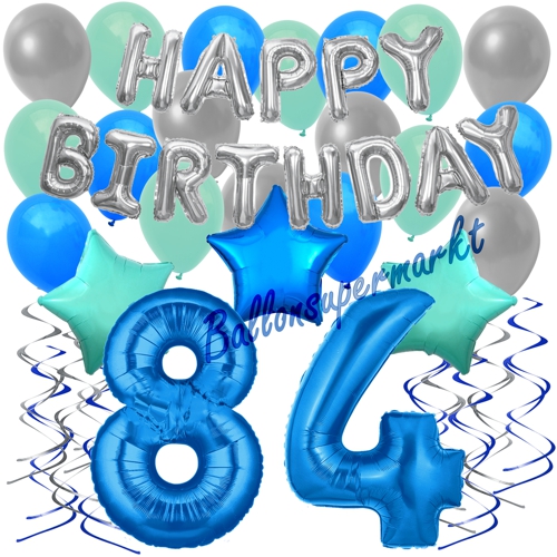 Ballons-und-Dekorations-Set-zum-84.-Geburtstag-Happy-Birthday-Blau