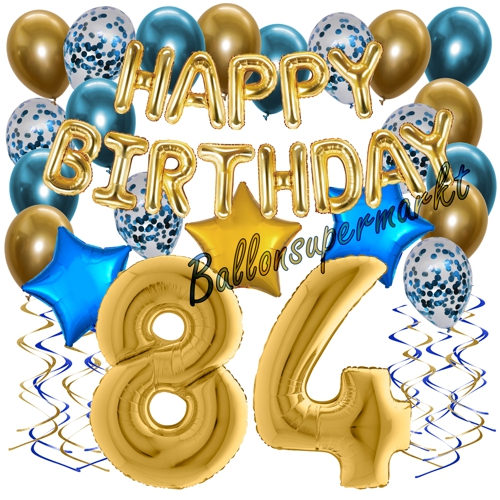 Ballons-und-Dekorations-Set-zum-84.-Geburtstag-Happy-Birthday-Chrome-Blue-and-Gold