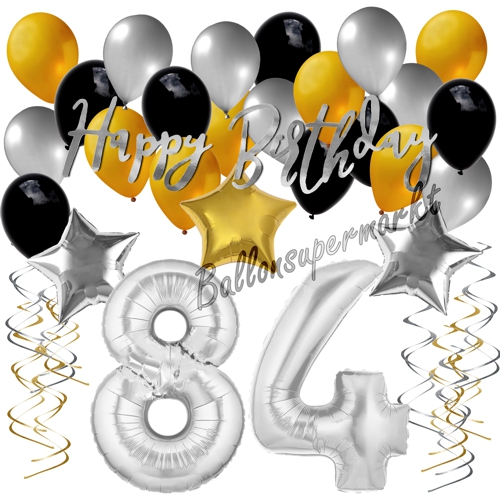 Ballons-und-Dekorations-Set-zum-84.-Geburtstag-Happy-Birthday-Silber-Gold-Schwarz