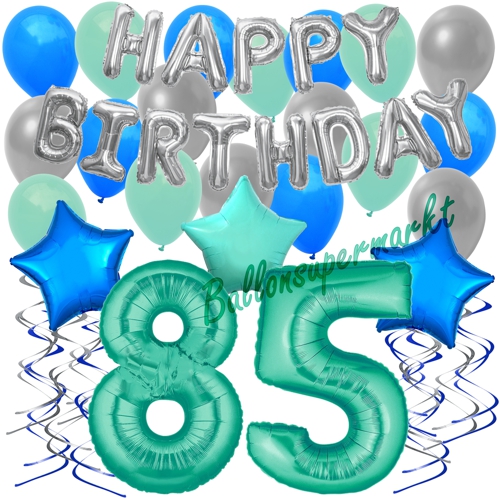 Ballons-und-Dekorations-Set-zum-85.-Geburtstag-Happy-Birthday-Aquamarin
