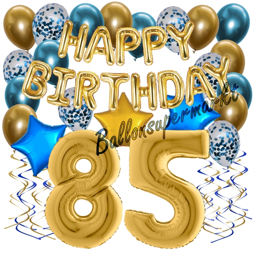 Ballons-und-Dekorations-Set-zum-85.-Geburtstag-Happy-Birthday-Chrome-Blue-and-Gold