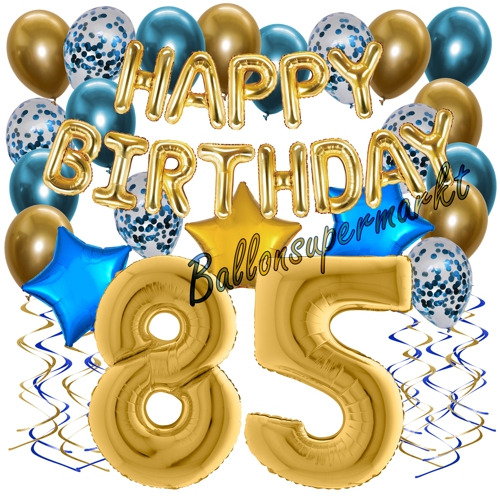 Ballons-und-Dekorations-Set-zum-85.-Geburtstag-Happy-Birthday-Chrome-Blue-and-Gold