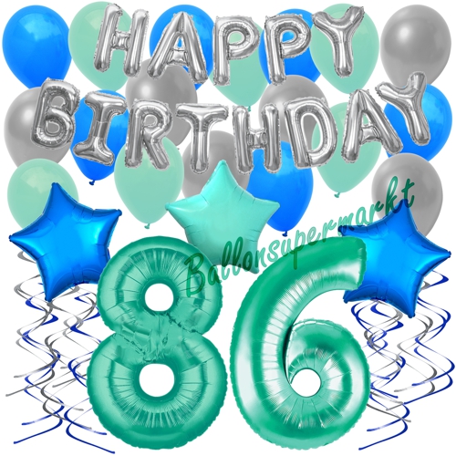 Ballons-und-Dekorations-Set-zum-86.-Geburtstag-Happy-Birthday-Aquamarin