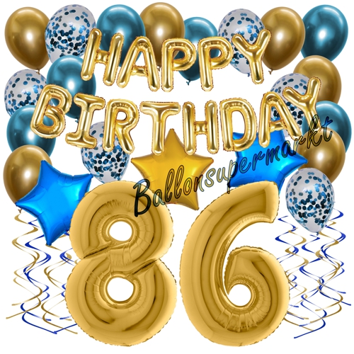 Ballons-und-Dekorations-Set-zum-86.-Geburtstag-Happy-Birthday-Chrome-Blue-and-Gold