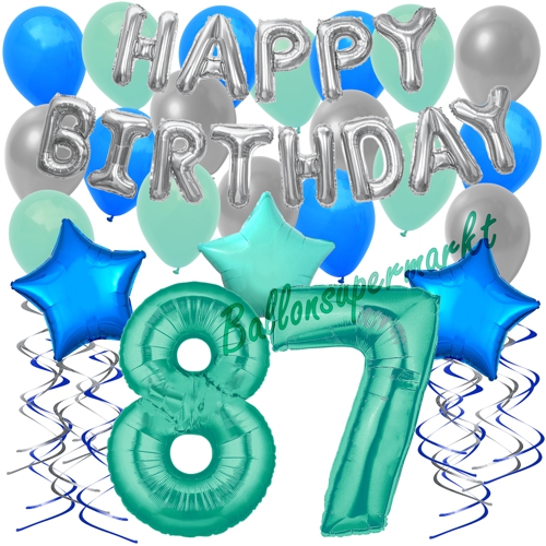 Ballons-und-Dekorations-Set-zum-87.-Geburtstag-Happy-Birthday-Aquamarin