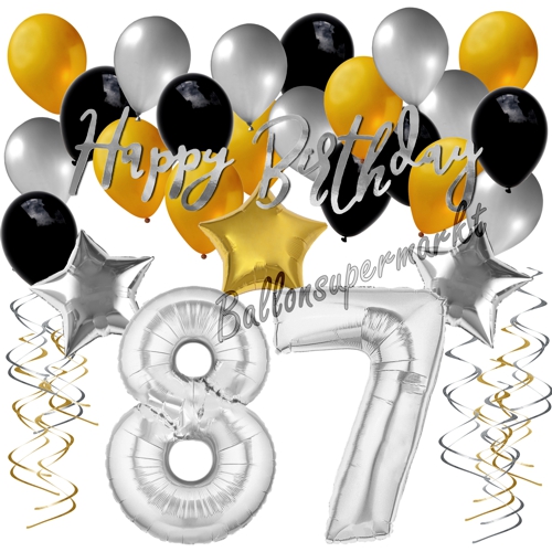 Ballons-und-Dekorations-Set-zum-87.-Geburtstag-Happy-Birthday-Silber-Gold-Schwarz