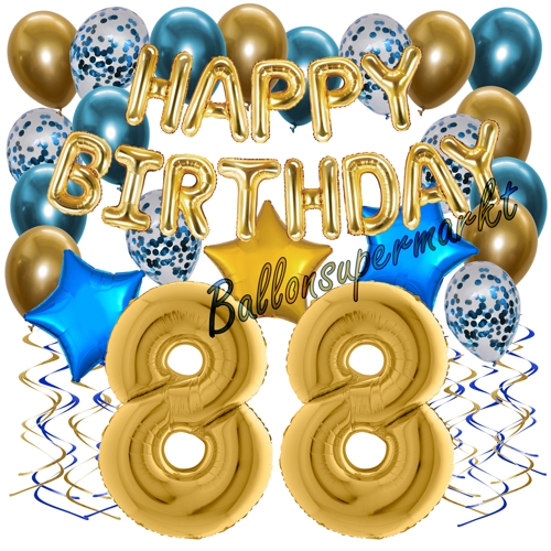 Ballons-und-Dekorations-Set-zum-88.-Geburtstag-Happy-Birthday-Chrome-Blue-and-Gold