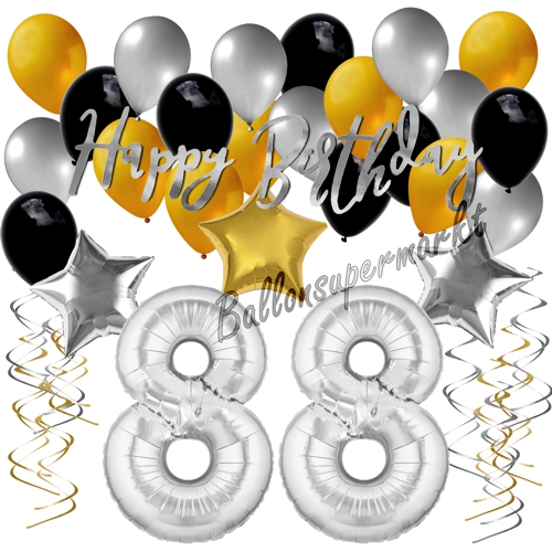 Ballons-und-Dekorations-Set-zum-88.-Geburtstag-Happy-Birthday-Silber-Gold-Schwarz