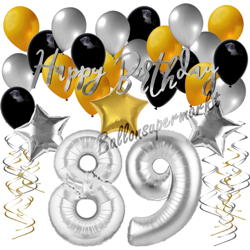 Ballons-und-Dekorations-Set-zum-89.-Geburtstag-Happy-Birthday-Silber-Gold-Schwarz