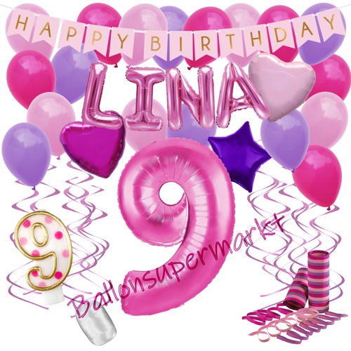 Ballons-und-Dekorations-Set-zum-9.-Geburtstag-Happy-Birthday-Pink-mit-Namen